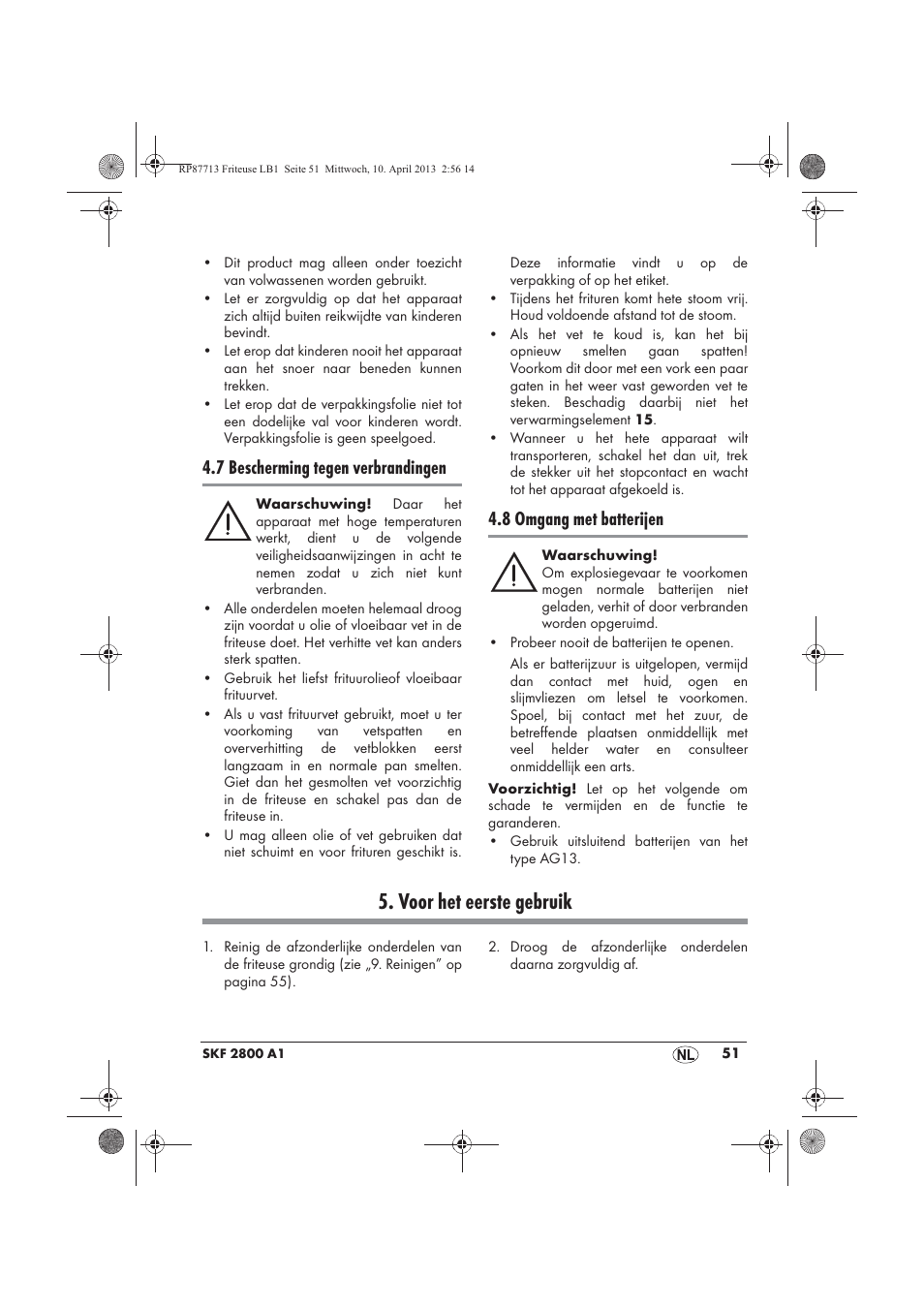 Voor het eerste gebruik, 7 bescherming tegen verbrandingen, 8 omgang met batterijen | Silvercrest SKF 2800 A1 User Manual | Page 53 / 78