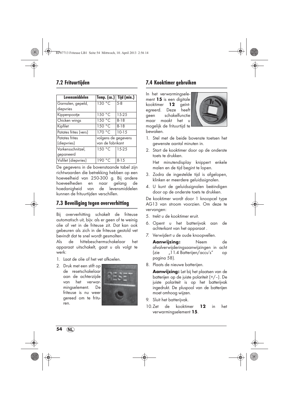 2 frituurtijden, 3 beveiliging tegen oververhitting, 4 kooktimer gebruiken | Silvercrest SKF 2800 A1 User Manual | Page 56 / 78