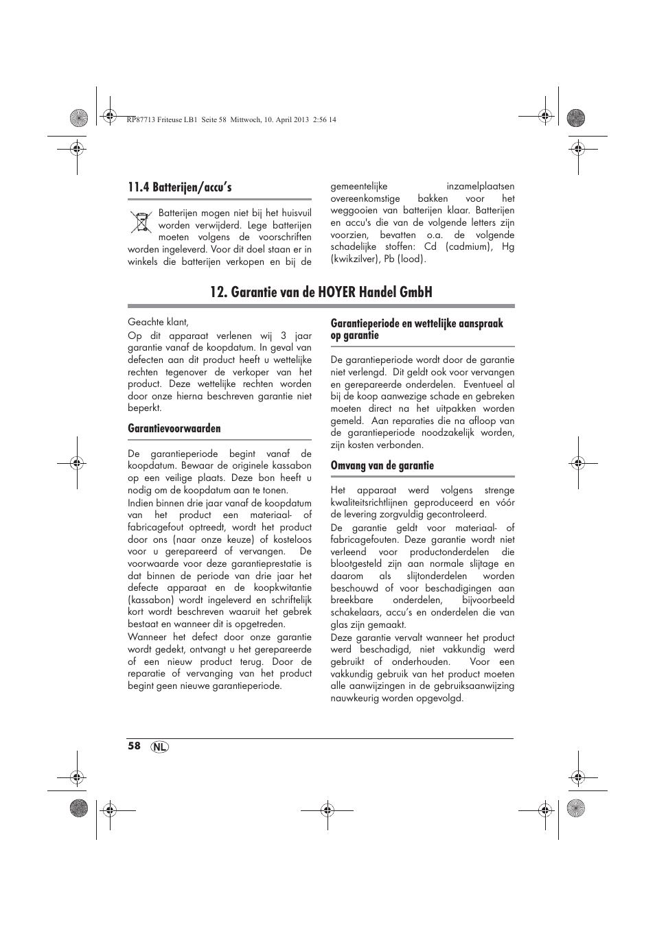 Garantie van de hoyer handel gmbh | Silvercrest SKF 2800 A1 User Manual | Page 60 / 78