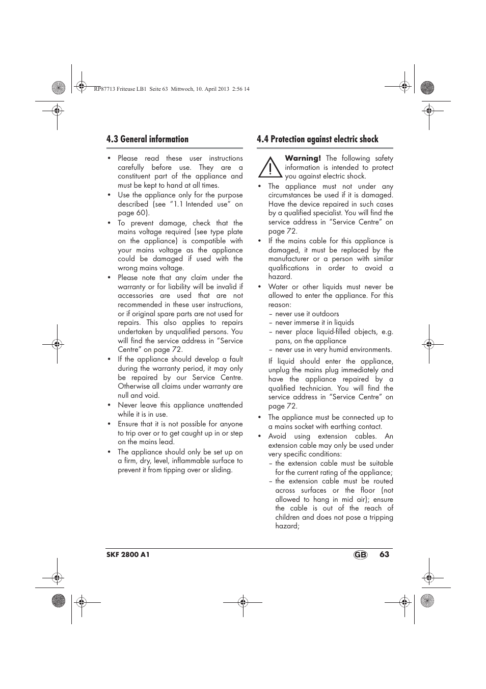 3 general information, 4 protection against electric shock | Silvercrest SKF 2800 A1 User Manual | Page 65 / 78