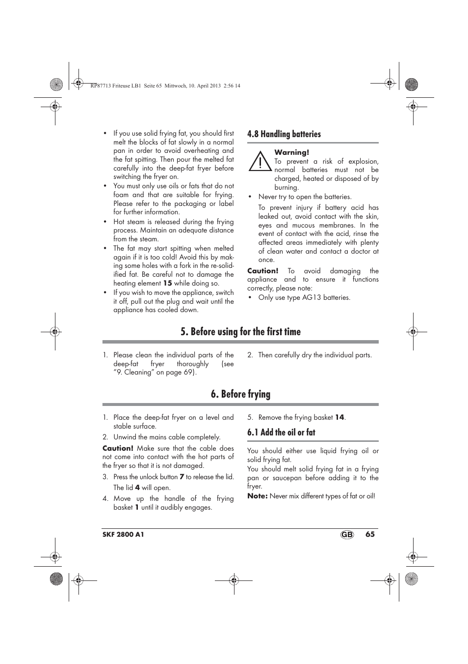 Before using for the first time, Before frying, 8 handling batteries | 1 add the oil or fat | Silvercrest SKF 2800 A1 User Manual | Page 67 / 78