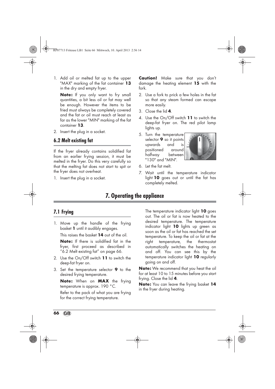 Operating the appliance, 2 melt existing fat, 1 frying | Silvercrest SKF 2800 A1 User Manual | Page 68 / 78