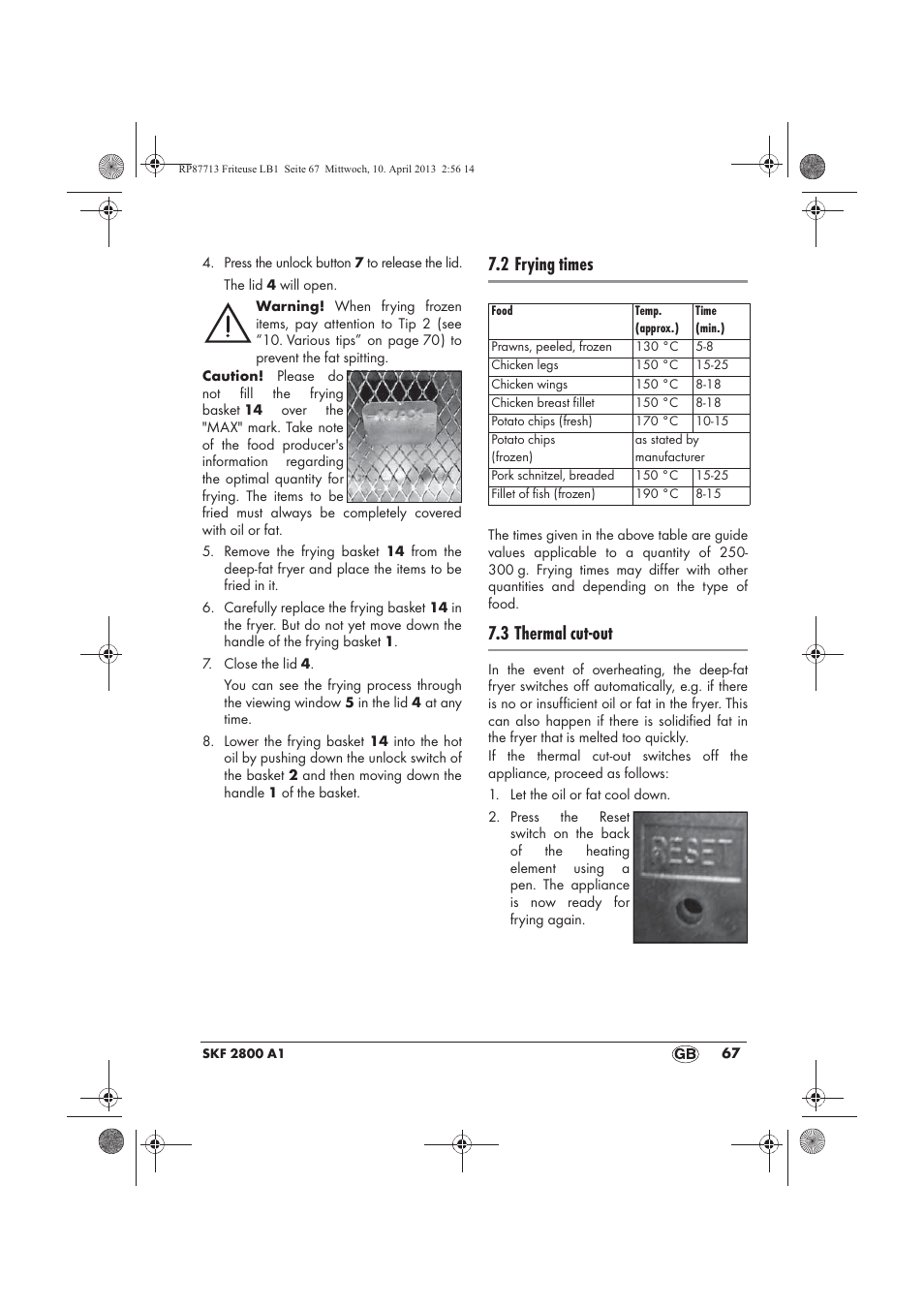 2 frying times, 3 thermal cut-out | Silvercrest SKF 2800 A1 User Manual | Page 69 / 78