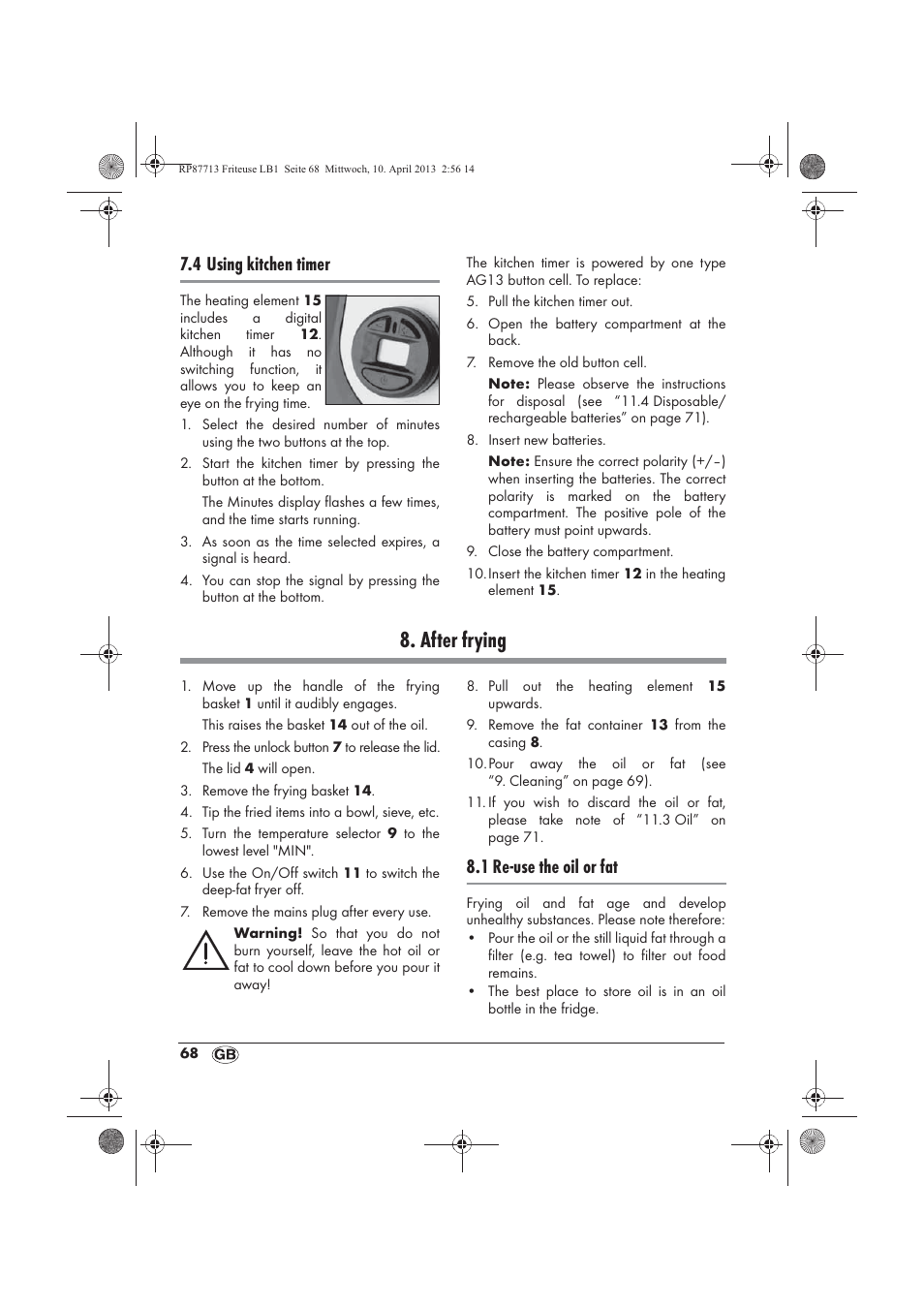 After frying, 4 using kitchen timer, 1 re-use the oil or fat | Silvercrest SKF 2800 A1 User Manual | Page 70 / 78