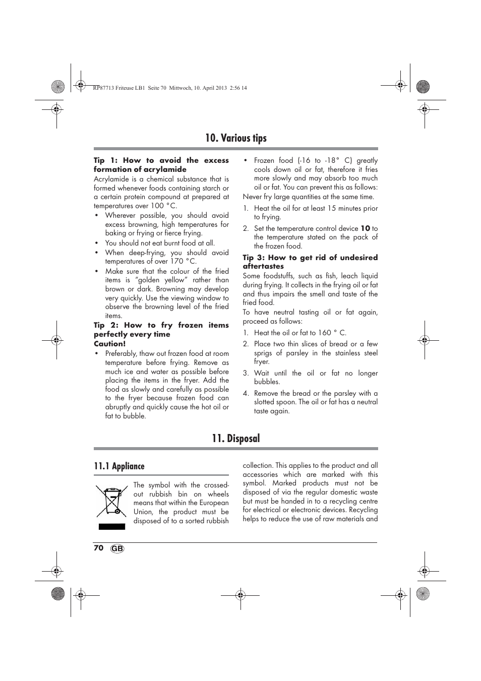Various tips, Disposal, 1 appliance | Silvercrest SKF 2800 A1 User Manual | Page 72 / 78