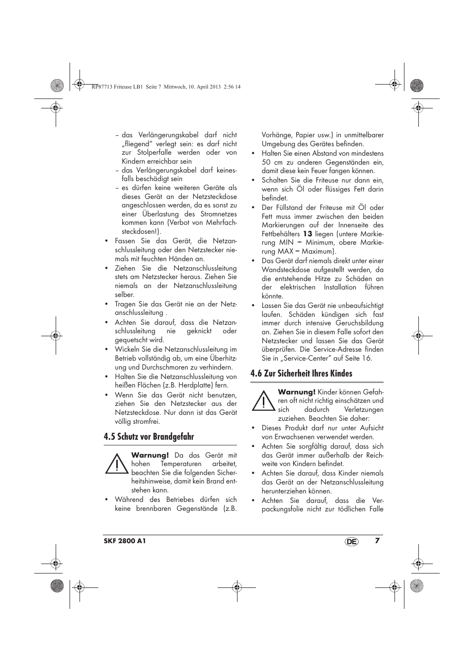 5 schutz vor brandgefahr, 6 zur sicherheit ihres kindes | Silvercrest SKF 2800 A1 User Manual | Page 9 / 78