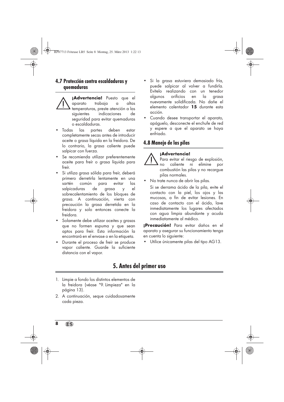Antes del primer uso, 7 protección contra escaldaduras y quemaduras, 8 manejo de las pilas | Silvercrest SKF 2800 A1 User Manual | Page 10 / 78