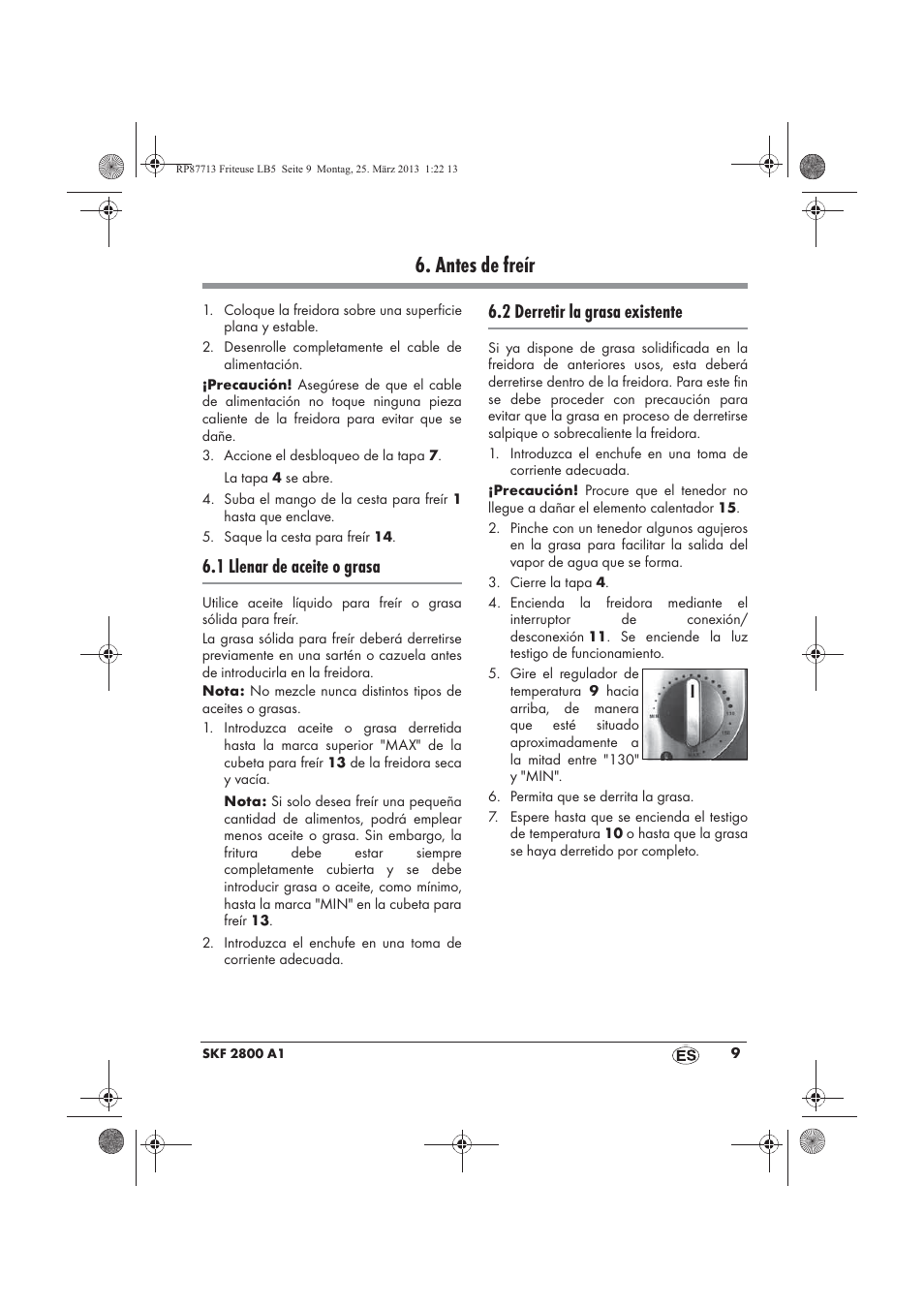 Antes de freír, 1 llenar de aceite o grasa, 2 derretir la grasa existente | Silvercrest SKF 2800 A1 User Manual | Page 11 / 78