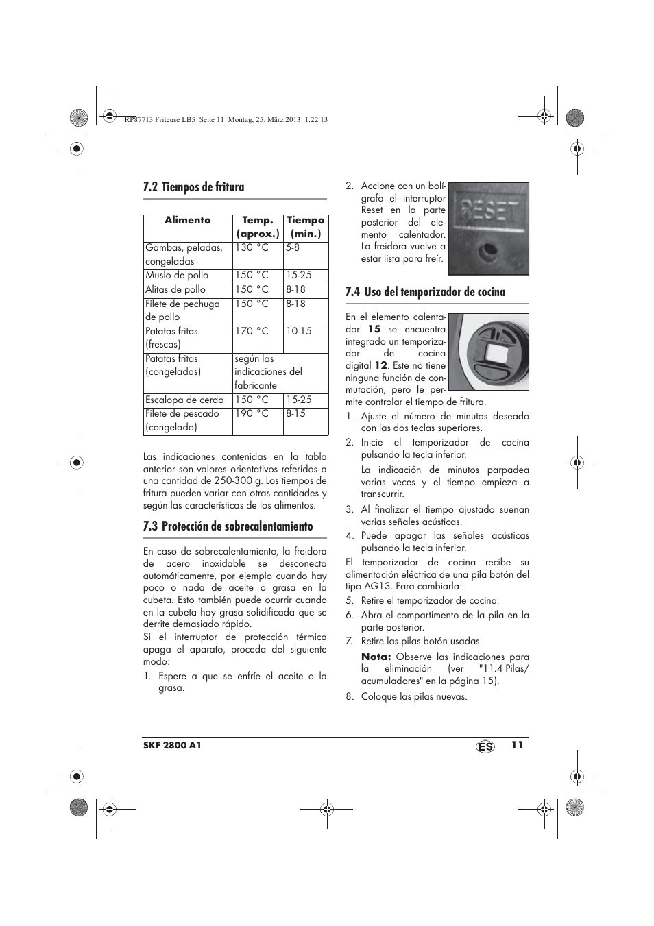 2 tiempos de fritura, 3 protección de sobrecalentamiento, 4 uso del temporizador de cocina | Silvercrest SKF 2800 A1 User Manual | Page 13 / 78