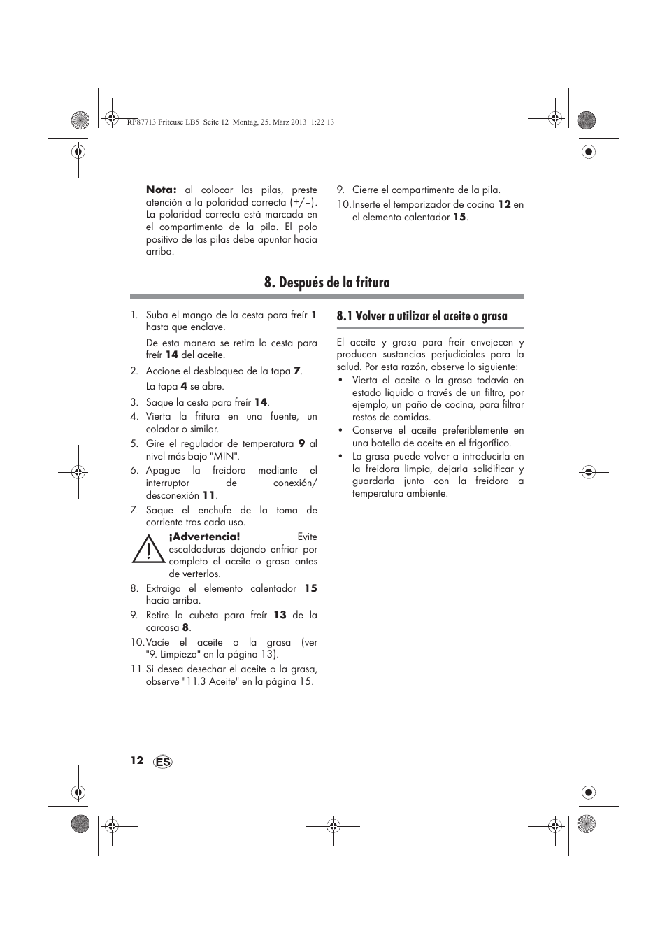 Después de la fritura, 1 volver a utilizar el aceite o grasa | Silvercrest SKF 2800 A1 User Manual | Page 14 / 78