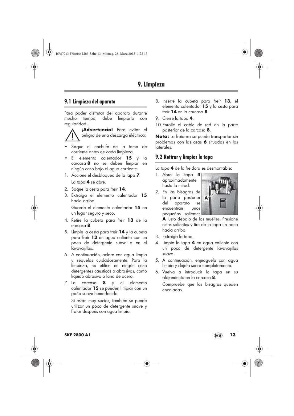 Limpieza, 1 limpieza del aparato, 2 retirar y limpiar la tapa | Silvercrest SKF 2800 A1 User Manual | Page 15 / 78