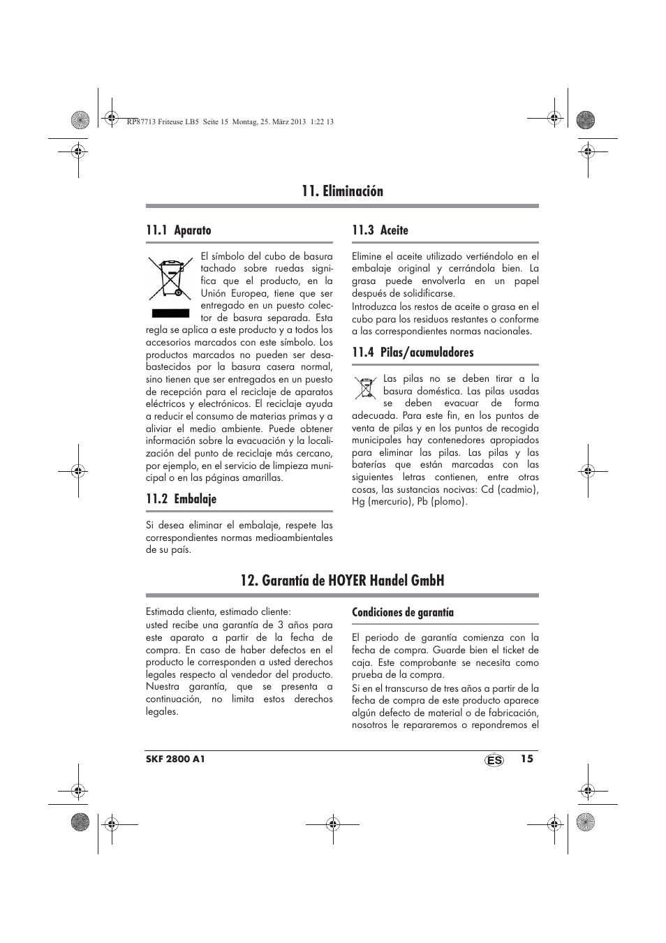 Eliminación, Garantía de hoyer handel gmbh | Silvercrest SKF 2800 A1 User Manual | Page 17 / 78