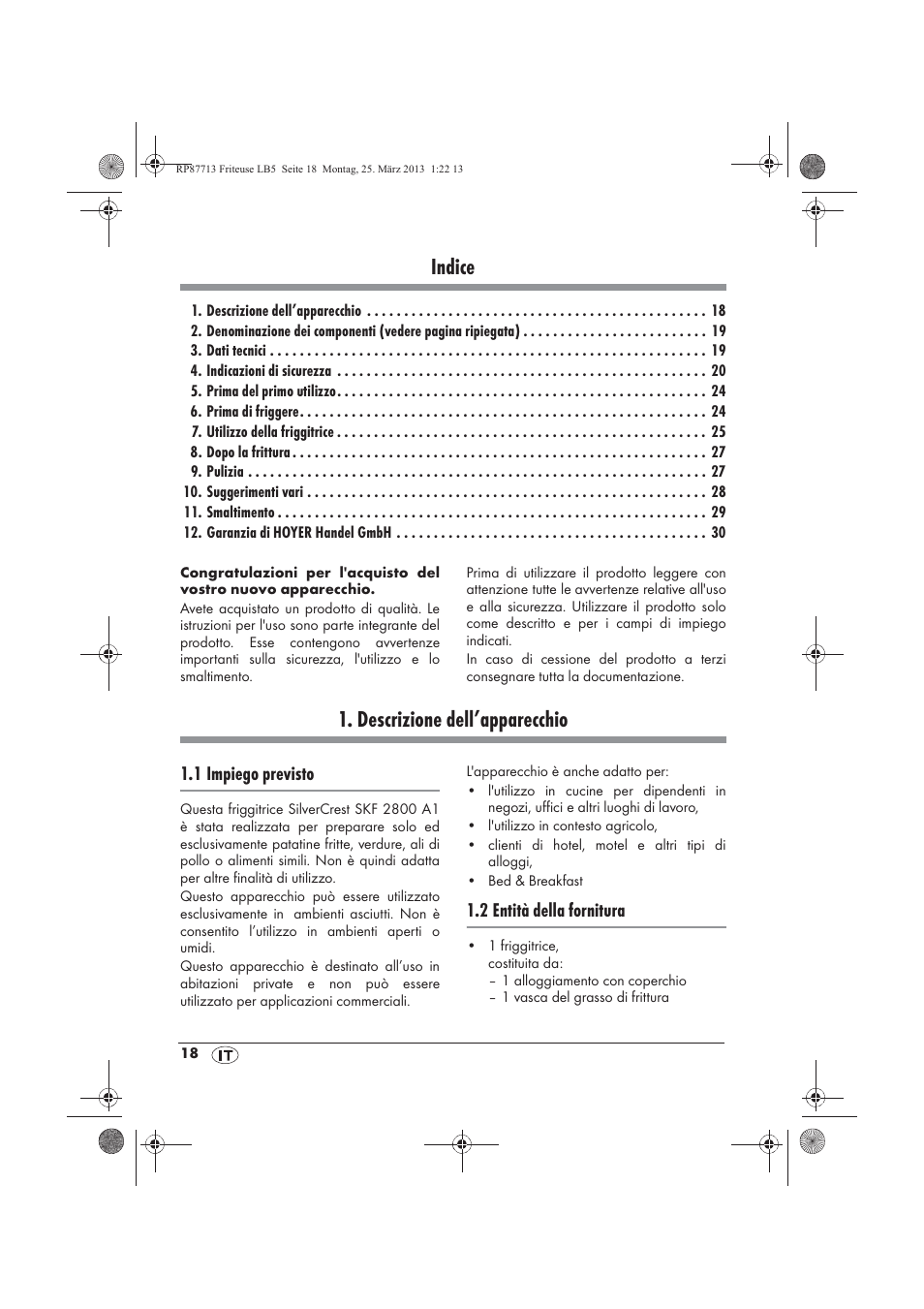 Indice, Descrizione dell’apparecchio | Silvercrest SKF 2800 A1 User Manual | Page 20 / 78