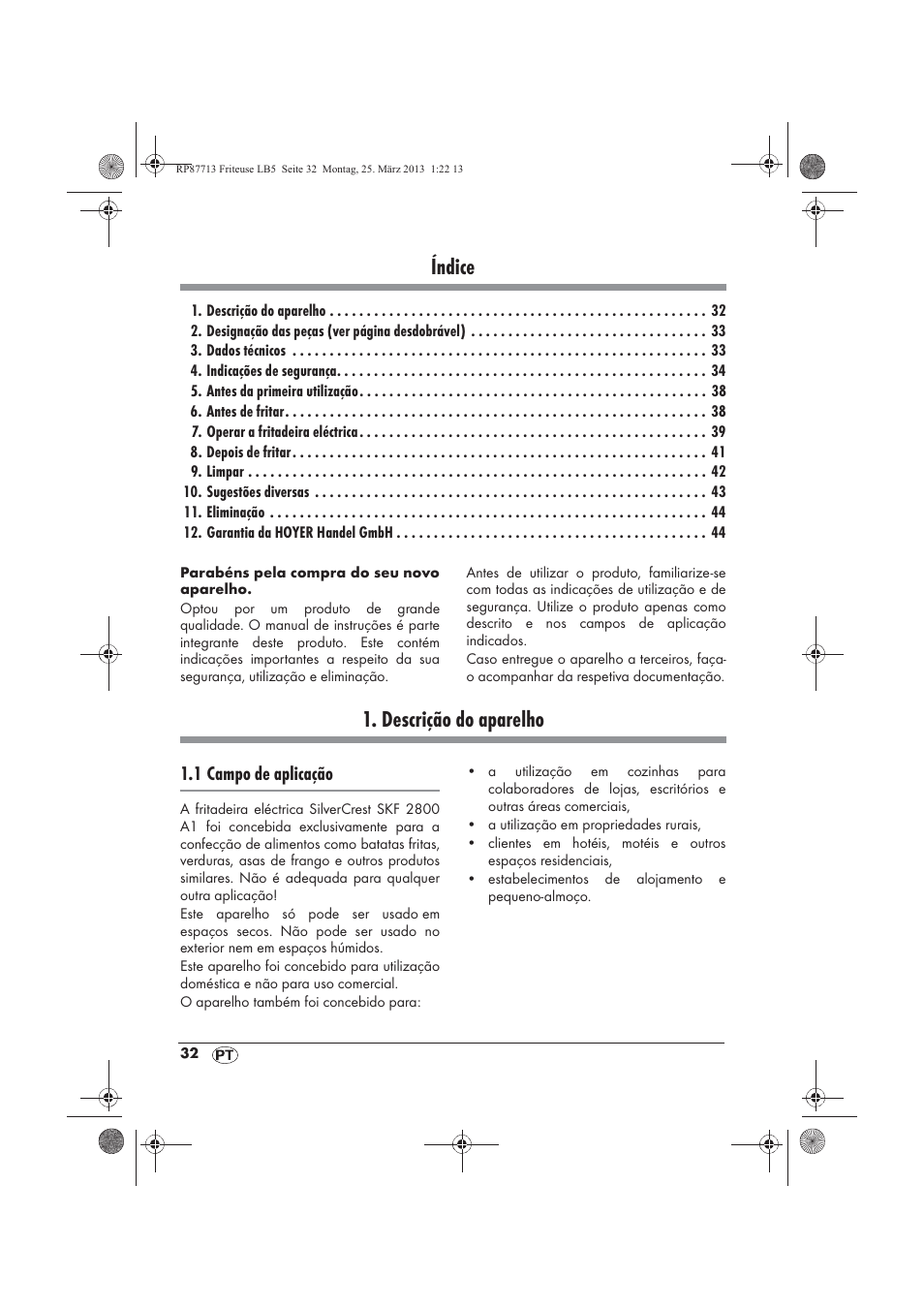 Índice, Descrição do aparelho | Silvercrest SKF 2800 A1 User Manual | Page 34 / 78