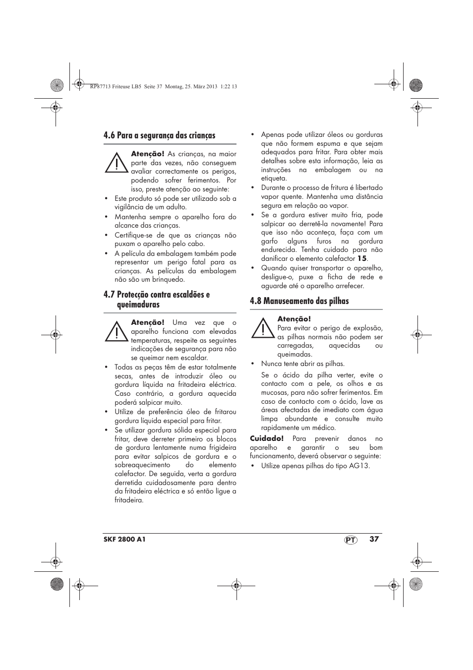 6 para a segurança das crianças, 7 protecção contra escaldões e queimaduras, 8 manuseamento das pilhas | Silvercrest SKF 2800 A1 User Manual | Page 39 / 78