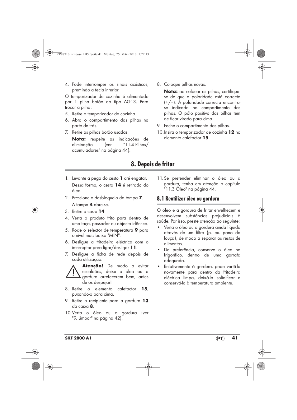 Depois de fritar, 1 reutilizar óleo ou gordura | Silvercrest SKF 2800 A1 User Manual | Page 43 / 78