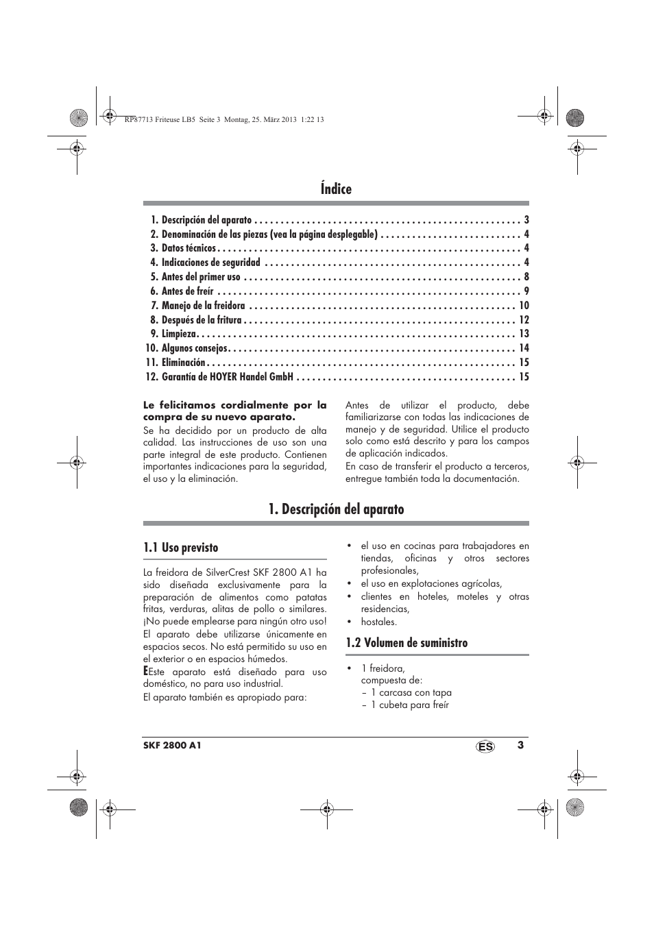 Índice, Descripción del aparato | Silvercrest SKF 2800 A1 User Manual | Page 5 / 78