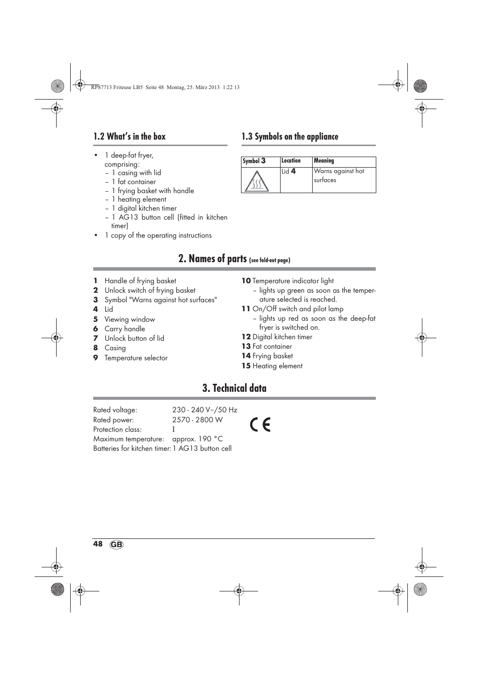 Names of parts, Technical data, 2 what’s in the box | 3 symbols on the appliance | Silvercrest SKF 2800 A1 User Manual | Page 50 / 78