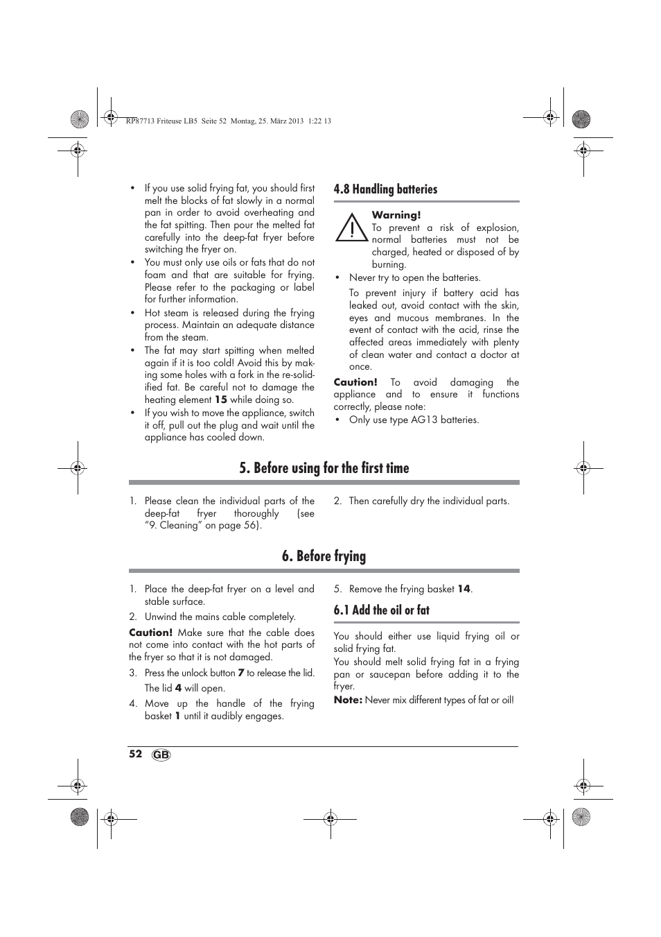 Before using for the first time, Before frying, 8 handling batteries | 1 add the oil or fat | Silvercrest SKF 2800 A1 User Manual | Page 54 / 78