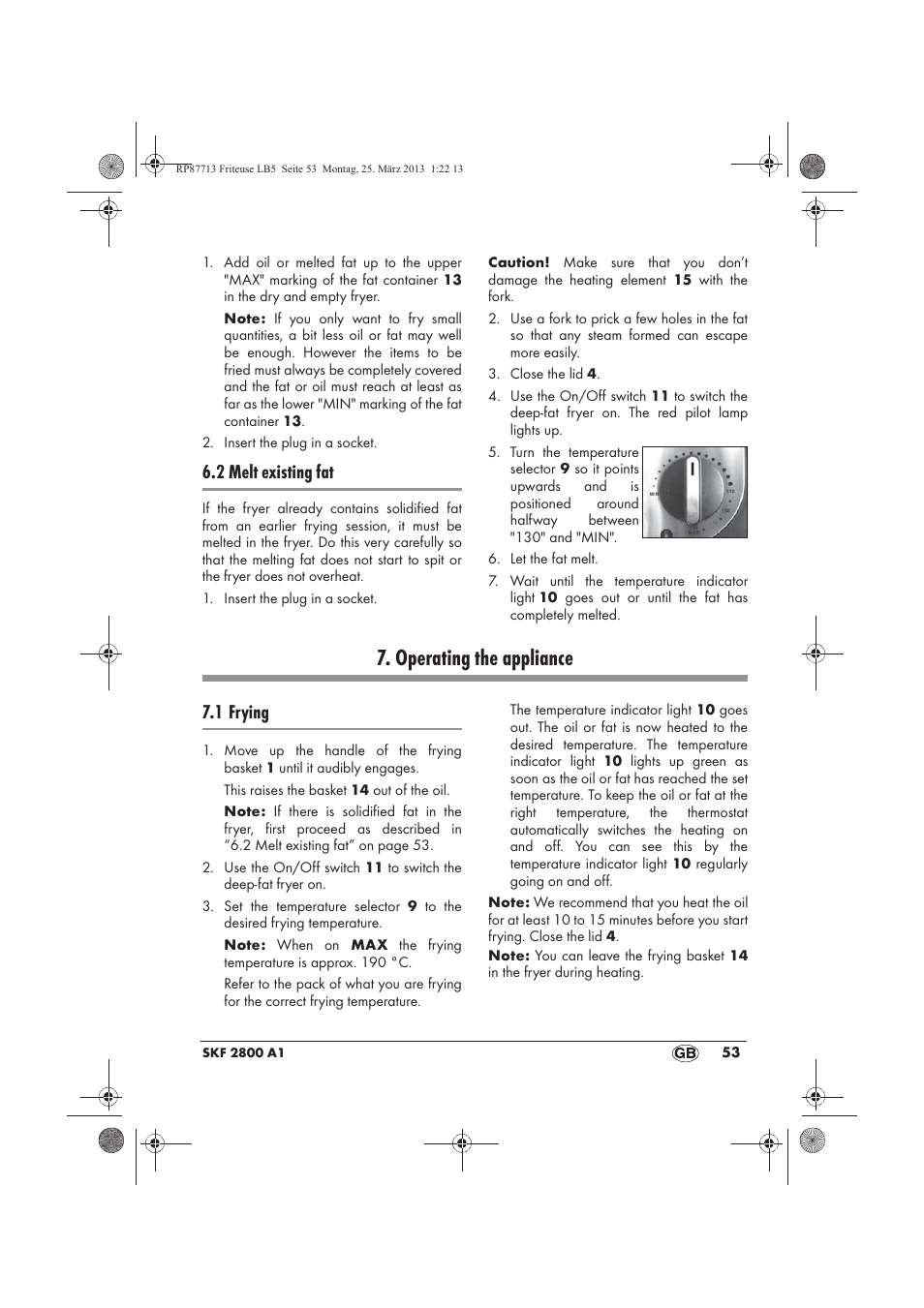Operating the appliance, 2 melt existing fat, 1 frying | Silvercrest SKF 2800 A1 User Manual | Page 55 / 78
