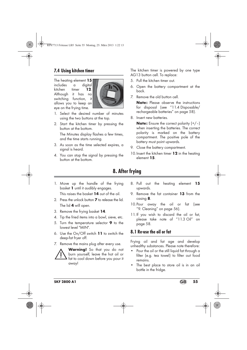 After frying, 4 using kitchen timer, 1 re-use the oil or fat | Silvercrest SKF 2800 A1 User Manual | Page 57 / 78