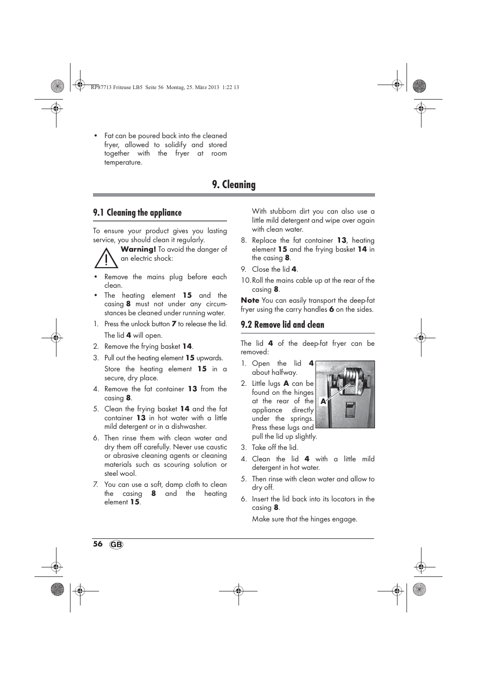 Cleaning, 1 cleaning the appliance, 2 remove lid and clean | Silvercrest SKF 2800 A1 User Manual | Page 58 / 78