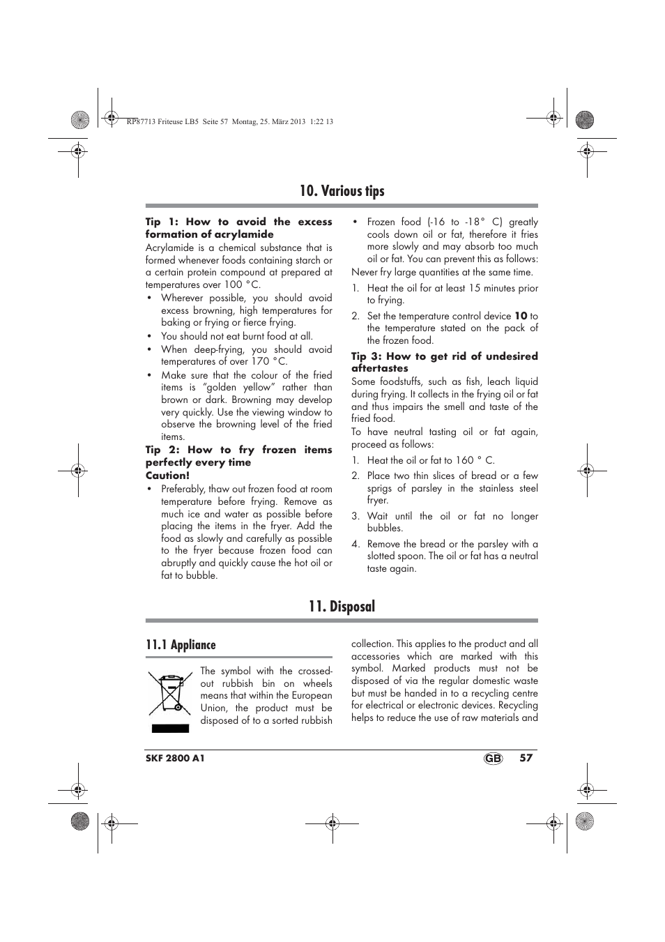 Various tips, Disposal, 1 appliance | Silvercrest SKF 2800 A1 User Manual | Page 59 / 78