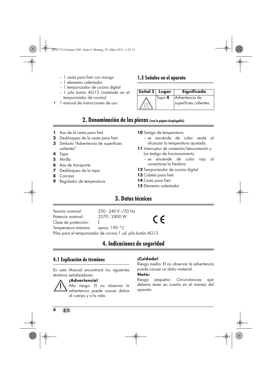 Denominación de las piezas, Datos técnicos, Indicaciones de seguridad | 3 señales en el aparato, 1 explicación de términos | Silvercrest SKF 2800 A1 User Manual | Page 6 / 78