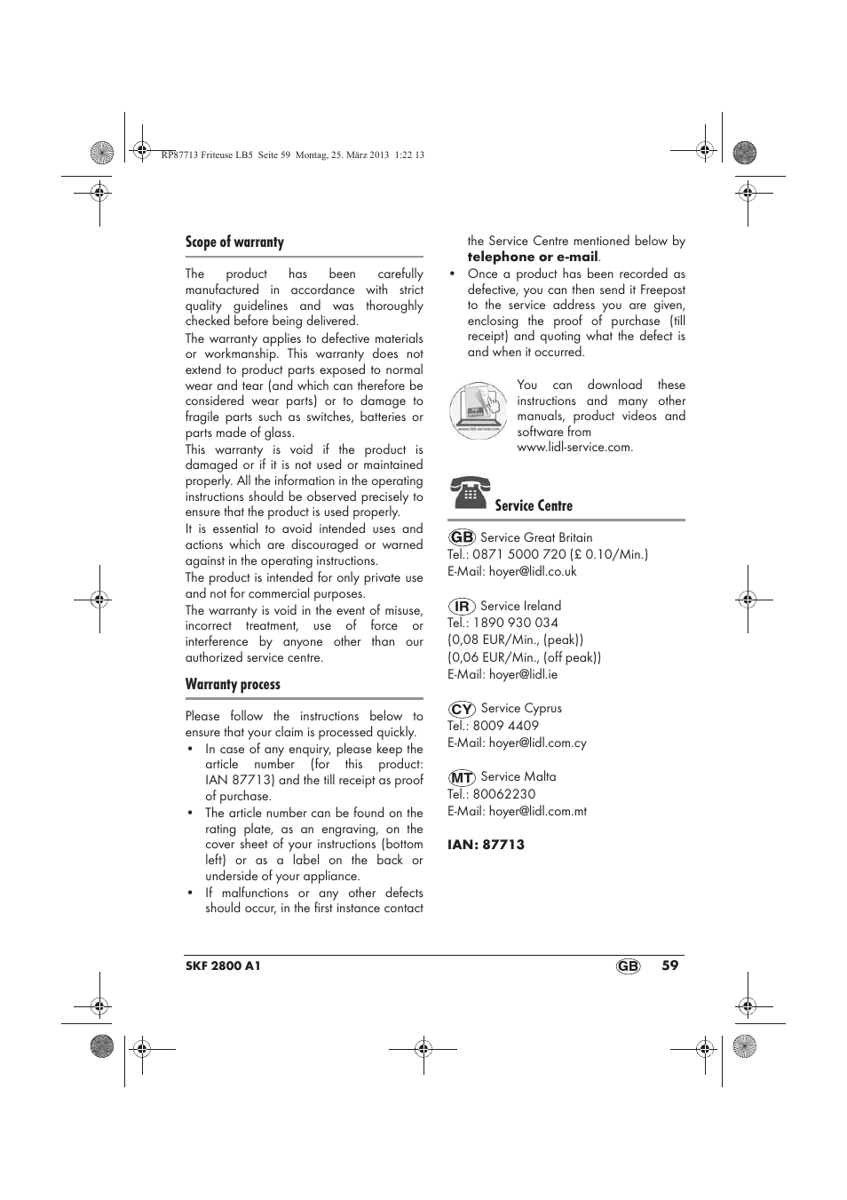 Scope of warranty, Warranty process, Service centre | Silvercrest SKF 2800 A1 User Manual | Page 61 / 78