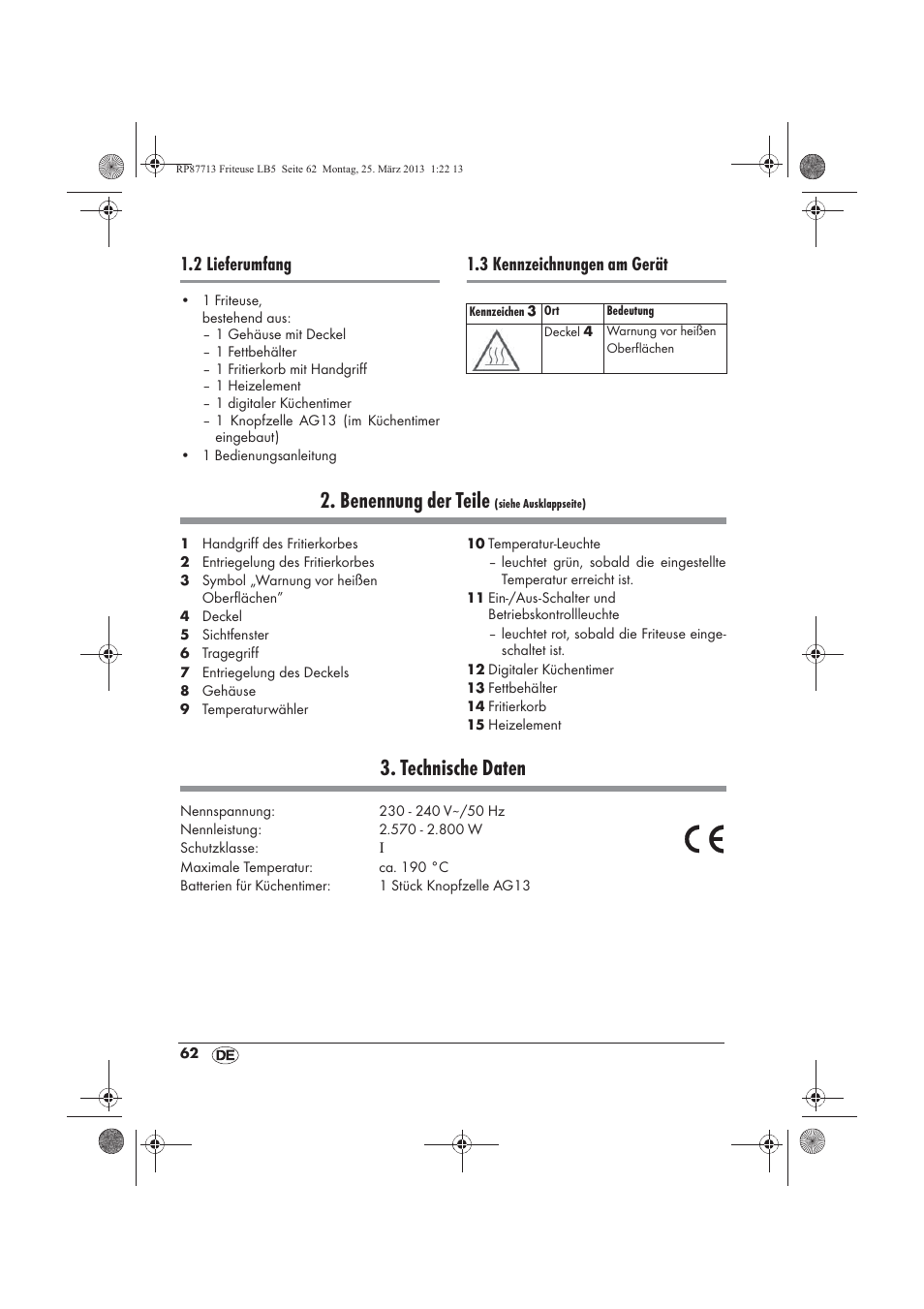 Benennung der teile, Technische daten, 2 lieferumfang | 3 kennzeichnungen am gerät | Silvercrest SKF 2800 A1 User Manual | Page 64 / 78