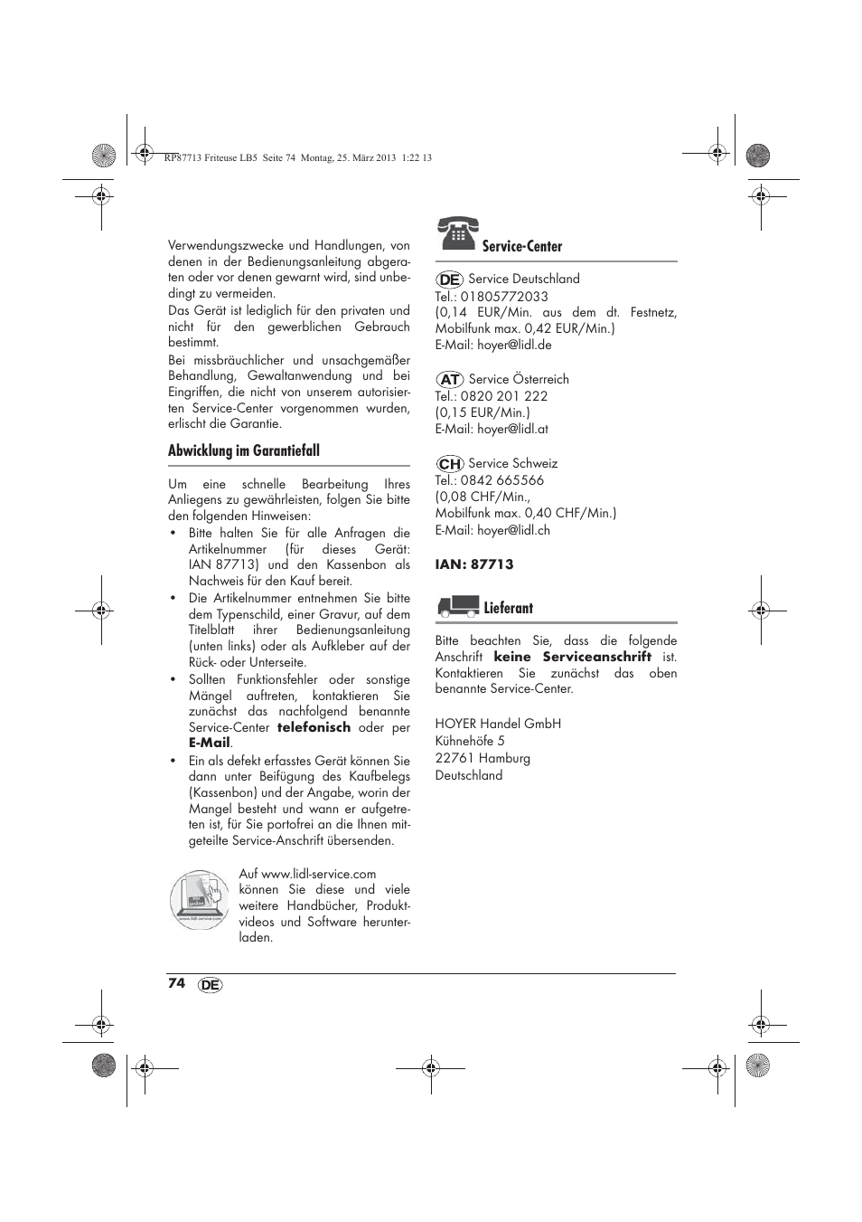 Abwicklung im garantiefall, Service-center, Lieferant | Silvercrest SKF 2800 A1 User Manual | Page 76 / 78