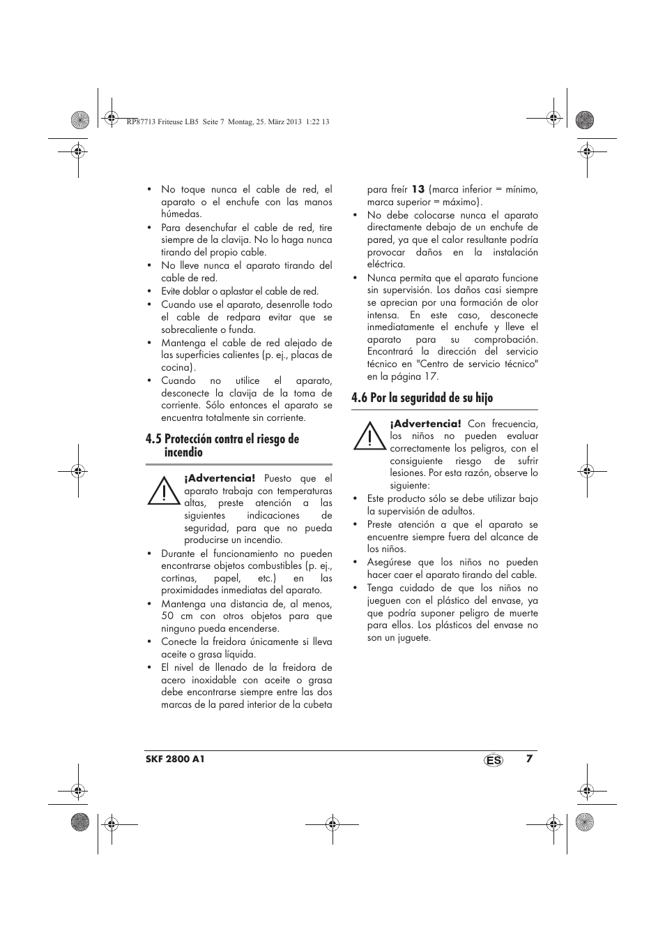 5 protección contra el riesgo de incendio, 6 por la seguridad de su hijo | Silvercrest SKF 2800 A1 User Manual | Page 9 / 78