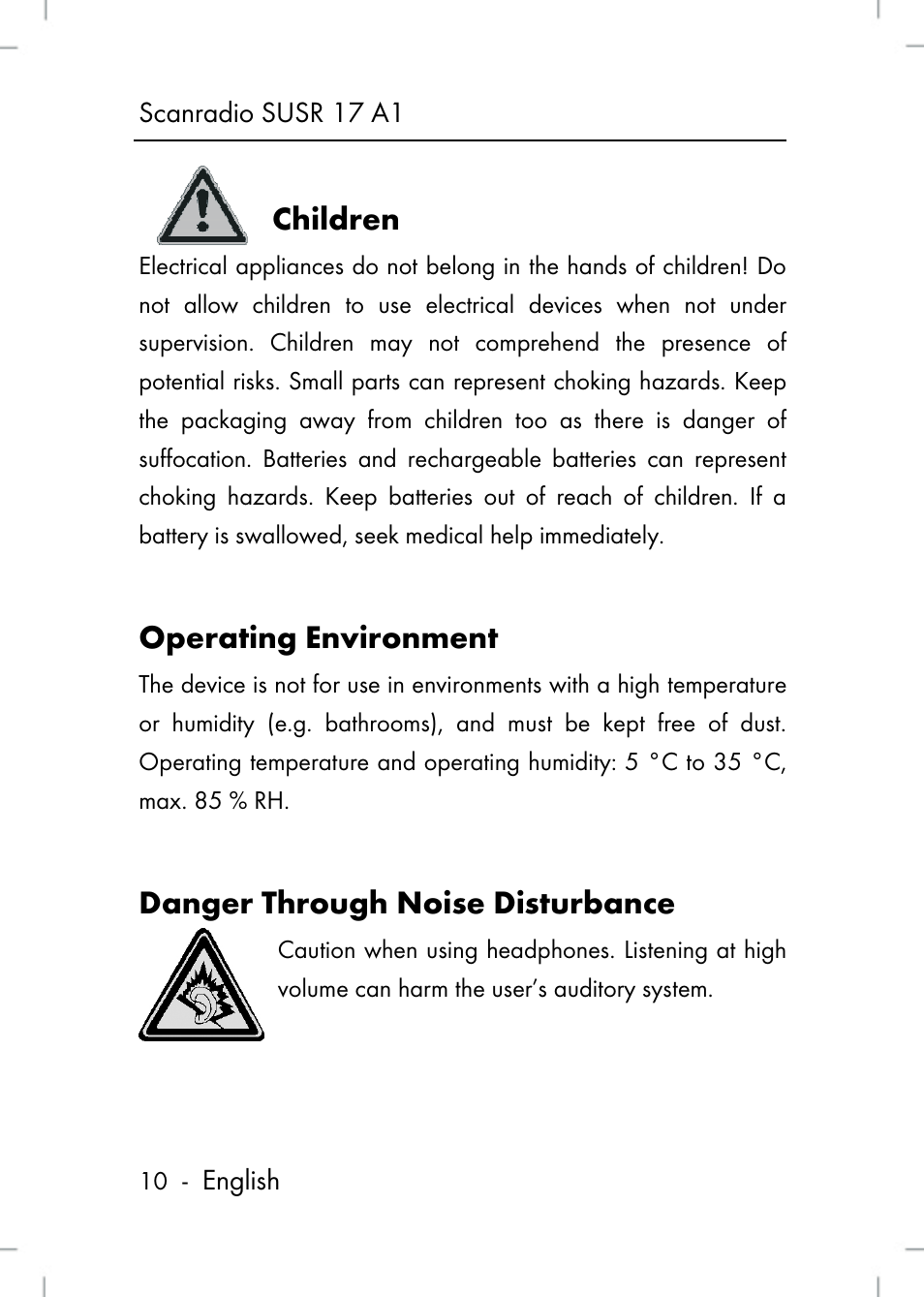 Children, Operating environment, Danger through noise disturbance | Scanradio susr 17 a1, English | Silvercrest SUSR 17 A1 User Manual | Page 10 / 56