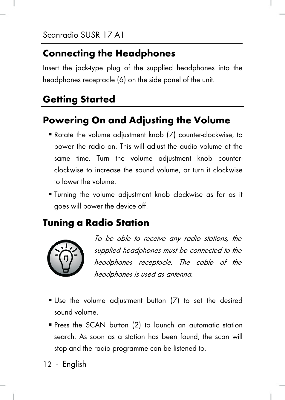 Connecting the headphones, Tuning a radio station | Silvercrest SUSR 17 A1 User Manual | Page 12 / 56