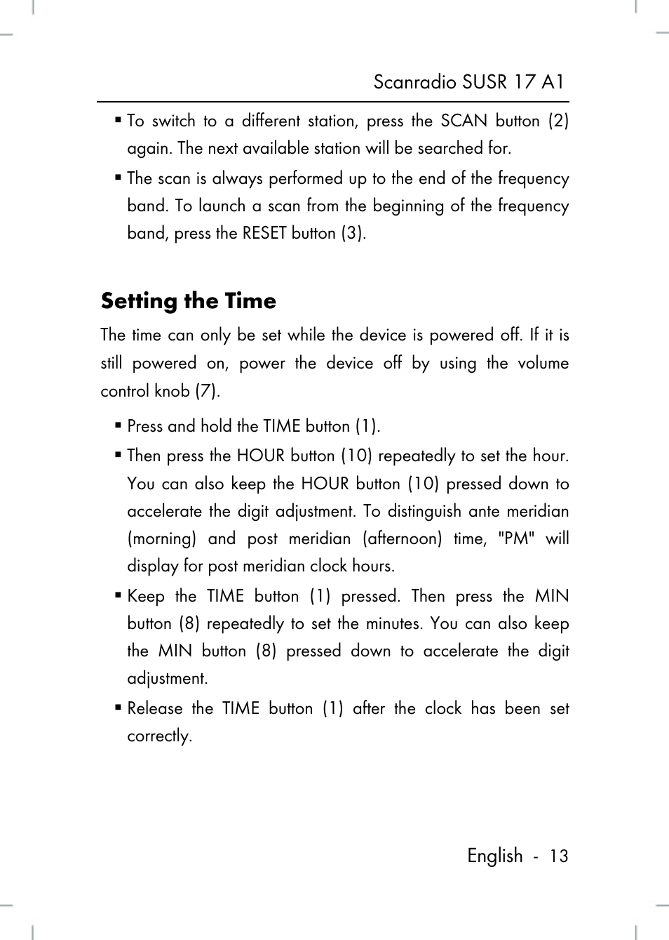 Setting the time, Scanradio susr 17 a1 english | Silvercrest SUSR 17 A1 User Manual | Page 13 / 56
