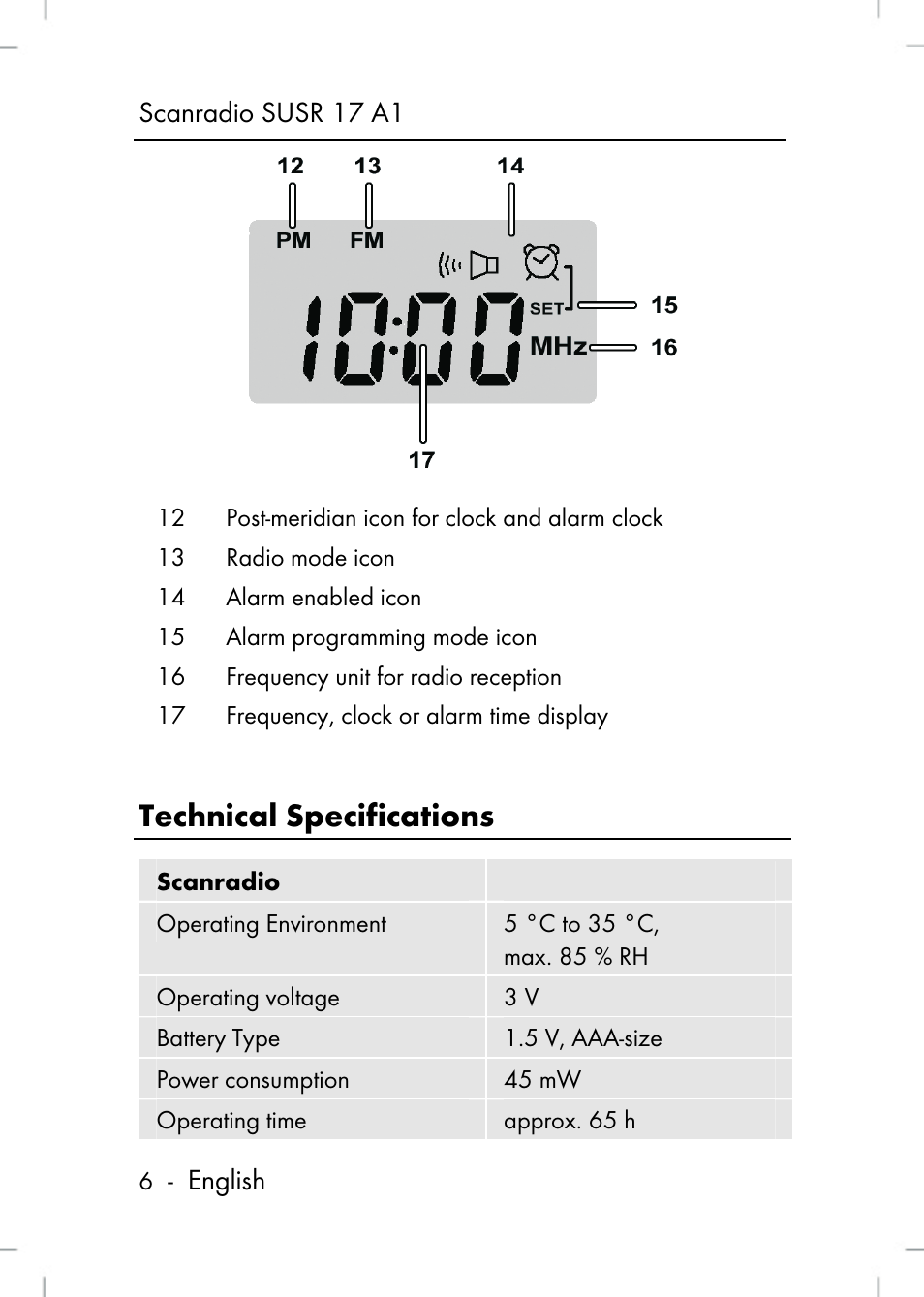 Technical specifications, Scanradio susr 17 a1, English | Silvercrest SUSR 17 A1 User Manual | Page 6 / 56