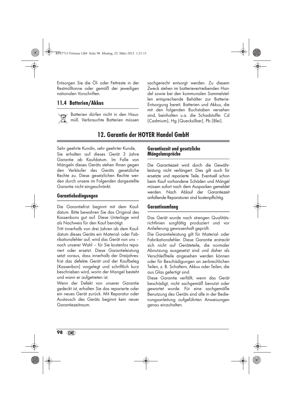 Garantie der hoyer handel gmbh | Silvercrest SKF 2800 A1 User Manual | Page 100 / 102