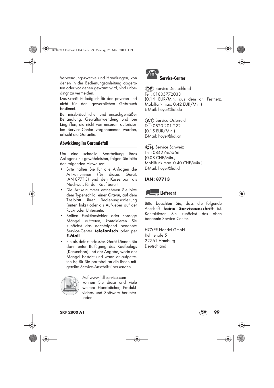 Abwicklung im garantiefall, Service-center, Lieferant | Silvercrest SKF 2800 A1 User Manual | Page 101 / 102