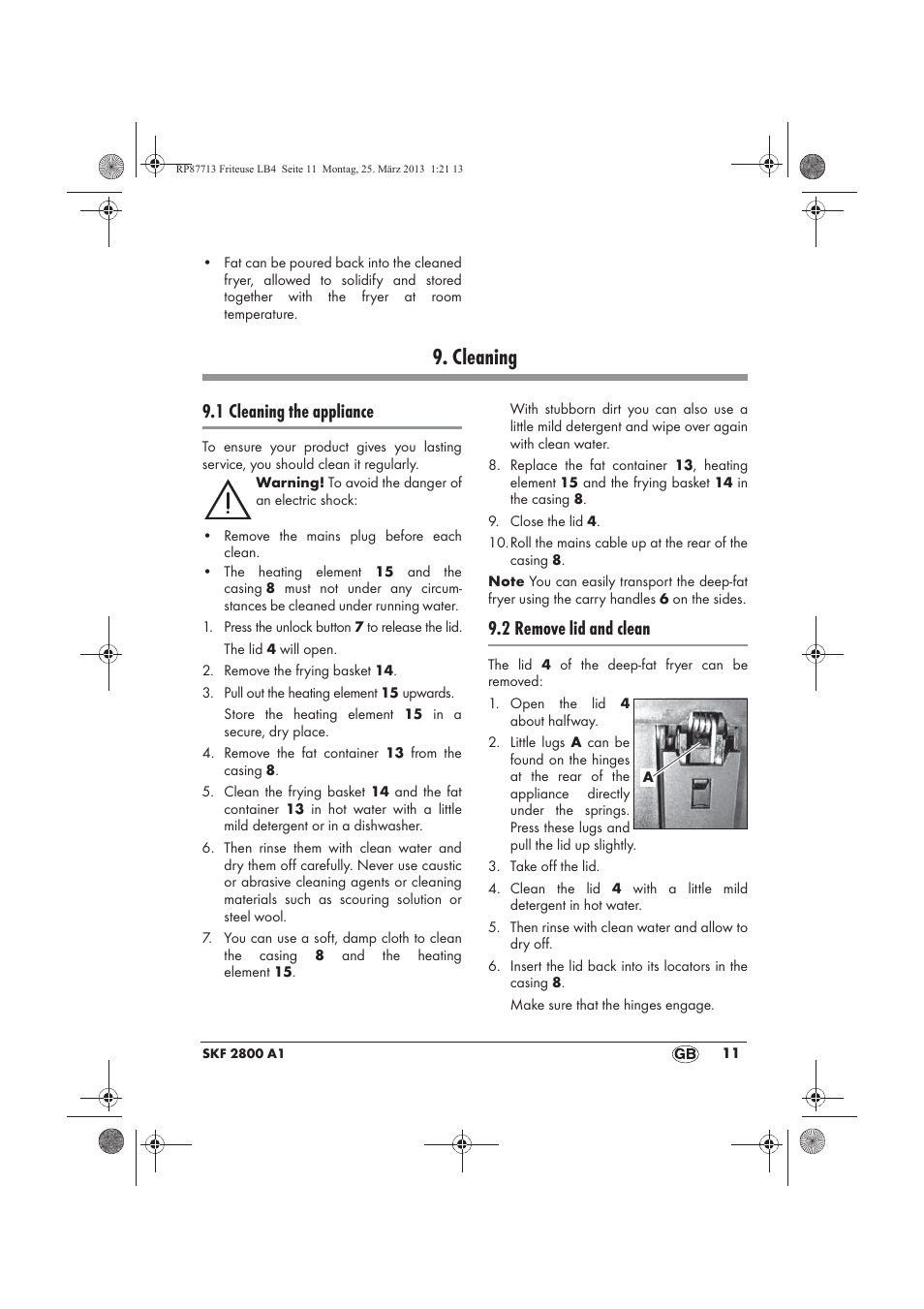 Cleaning, 1 cleaning the appliance, 2 remove lid and clean | Silvercrest SKF 2800 A1 User Manual | Page 13 / 102