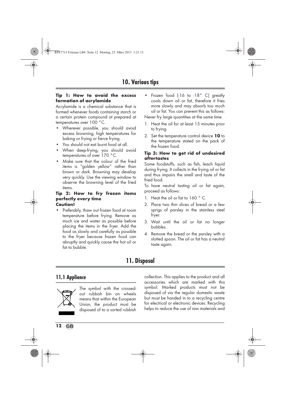Various tips, Disposal, 1 appliance | Silvercrest SKF 2800 A1 User Manual | Page 14 / 102
