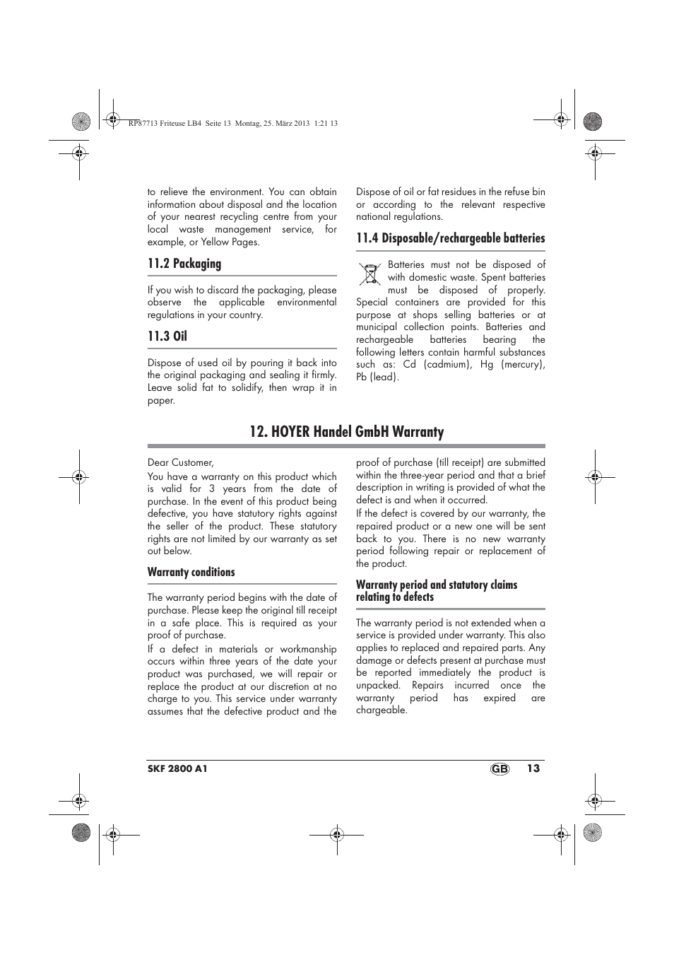 Hoyer handel gmbh warranty | Silvercrest SKF 2800 A1 User Manual | Page 15 / 102