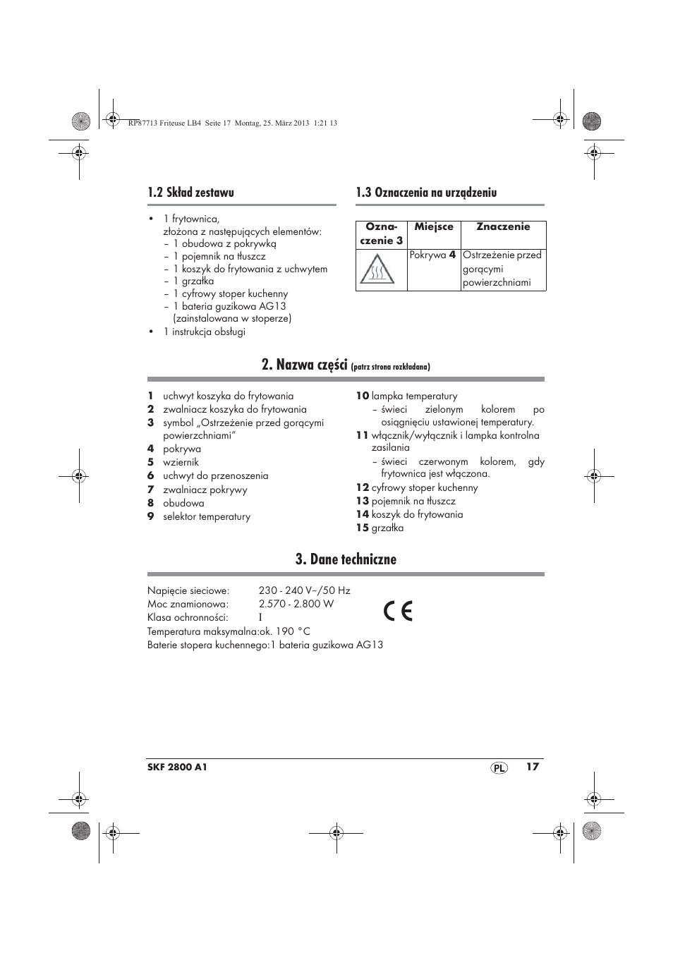 Nazwa części, Dane techniczne, 2 skład zestawu | 3 oznaczenia na urządzeniu | Silvercrest SKF 2800 A1 User Manual | Page 19 / 102
