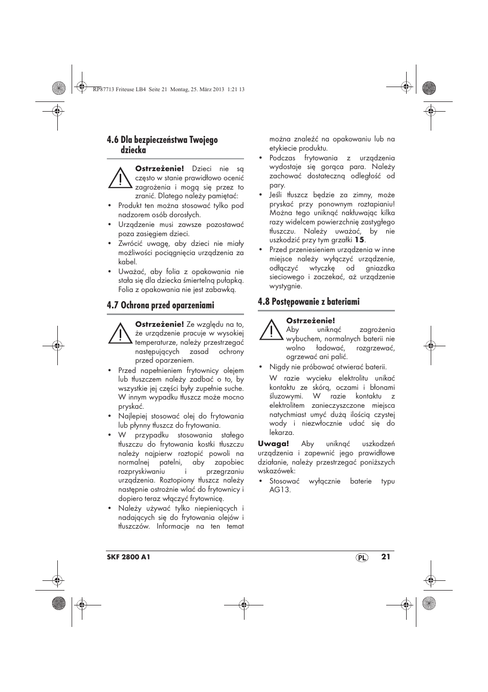 6 dla bezpieczeństwa twojego dziecka, 7 ochrona przed oparzeniami, 8 postępowanie z bateriami | Silvercrest SKF 2800 A1 User Manual | Page 23 / 102
