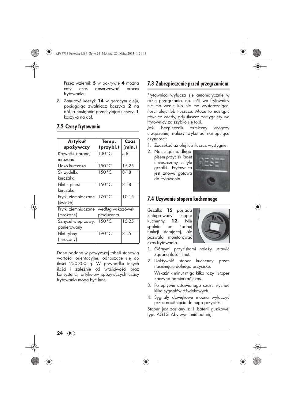 2 czasy frytowania, 3 zabezpieczenie przed przegrzaniem, 4 używanie stopera kuchennego | Silvercrest SKF 2800 A1 User Manual | Page 26 / 102