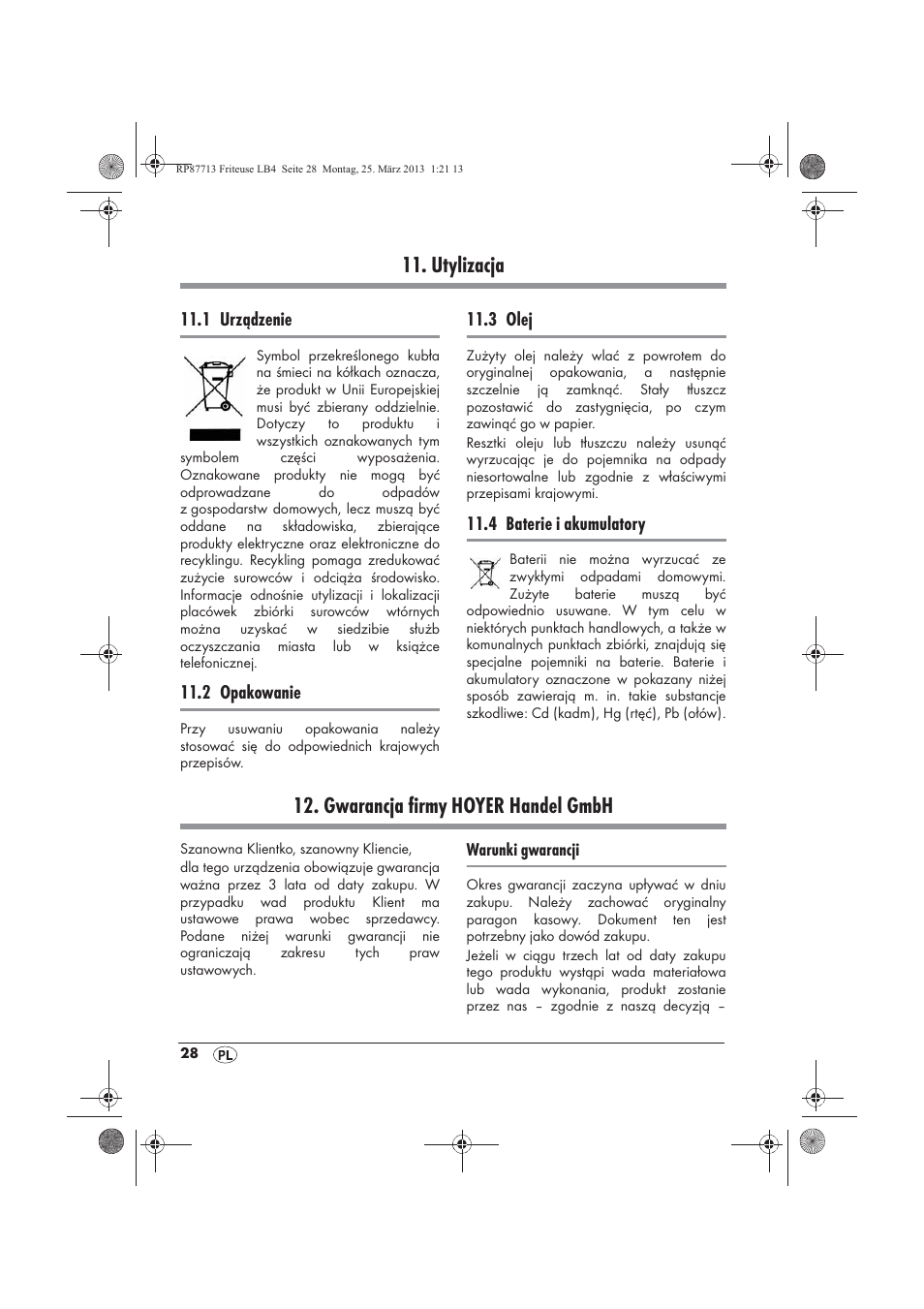 Utylizacja, Gwarancja firmy hoyer handel gmbh | Silvercrest SKF 2800 A1 User Manual | Page 30 / 102