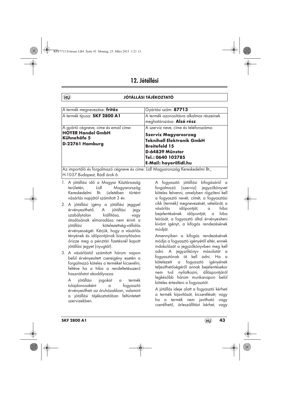 Jótállási | Silvercrest SKF 2800 A1 User Manual | Page 45 / 102