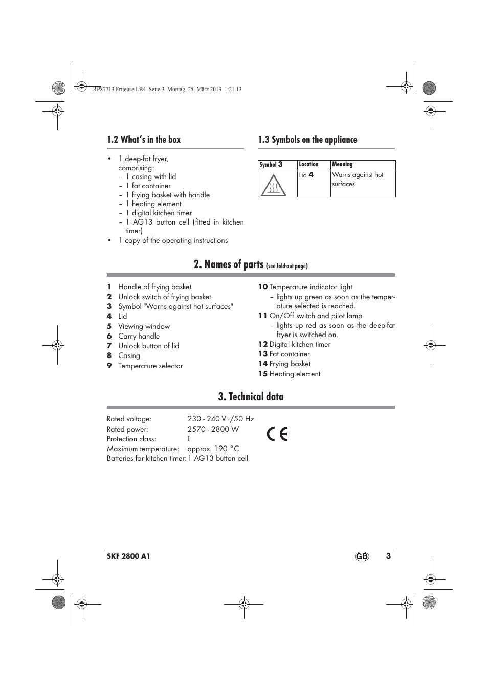 Names of parts, Technical data, 2 what’s in the box | 3 symbols on the appliance | Silvercrest SKF 2800 A1 User Manual | Page 5 / 102