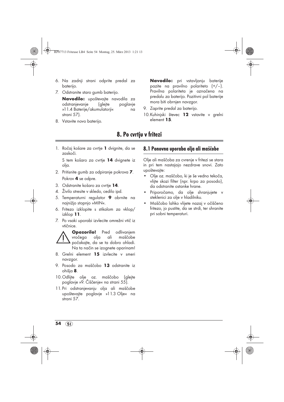 Po cvrtju v fritezi, 1 ponovna uporaba olja ali maščobe | Silvercrest SKF 2800 A1 User Manual | Page 56 / 102