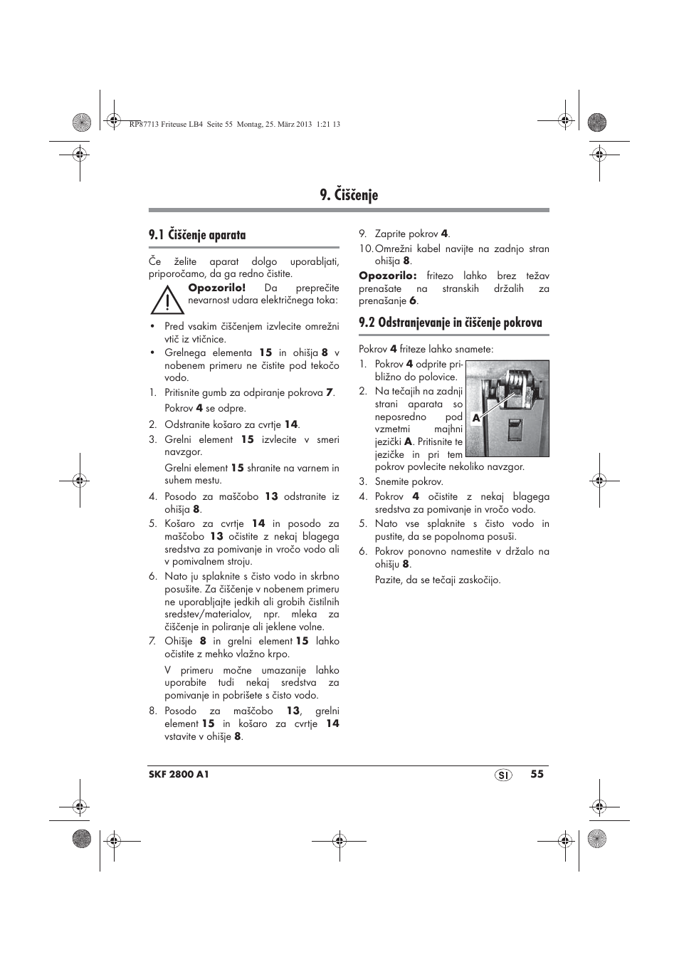 Čiščenje, 1 čiščenje aparata, 2 odstranjevanje in čiščenje pokrova | Silvercrest SKF 2800 A1 User Manual | Page 57 / 102
