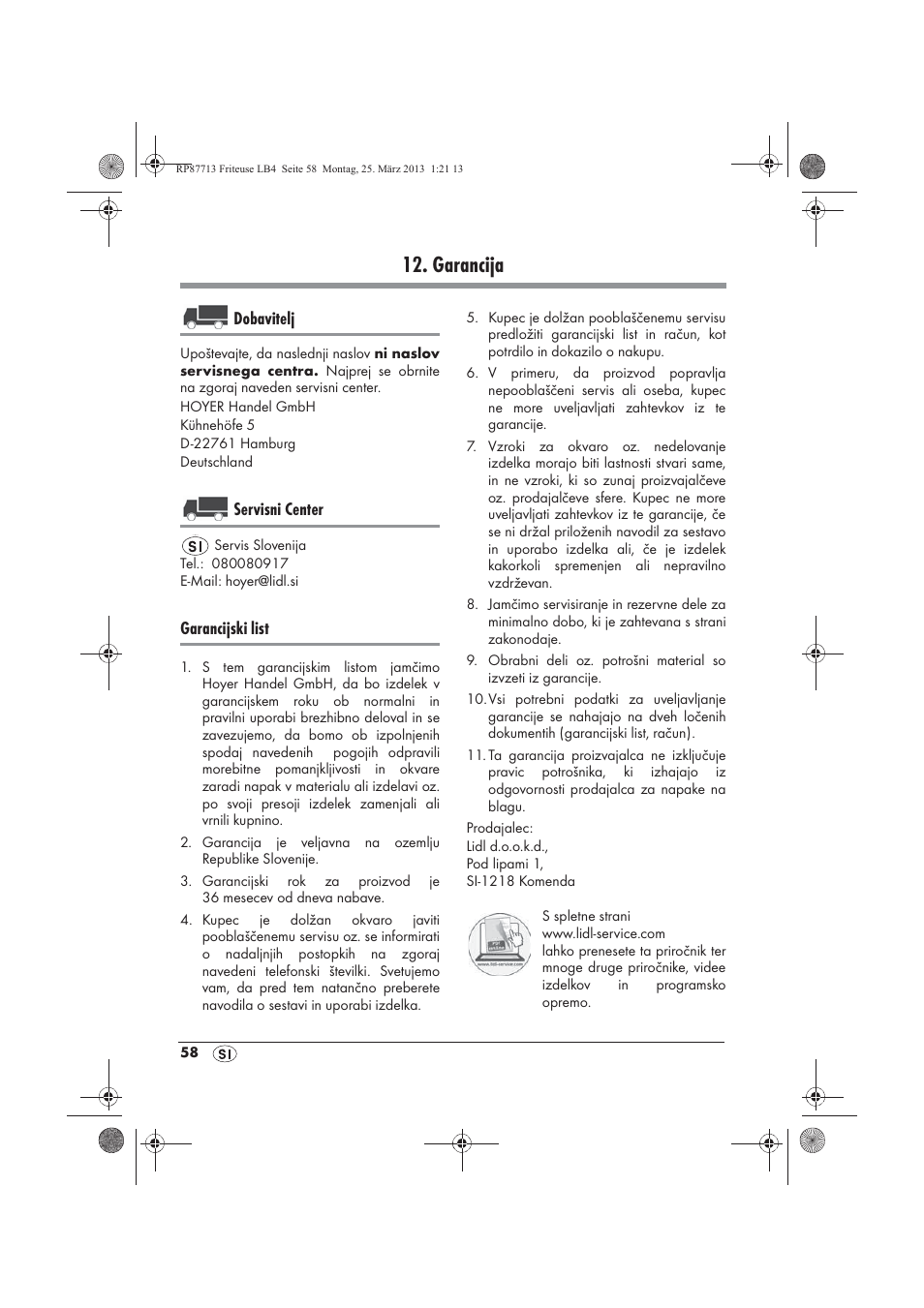 Garancija, Dobavitelj, Servisni center | Garancijski list | Silvercrest SKF 2800 A1 User Manual | Page 60 / 102